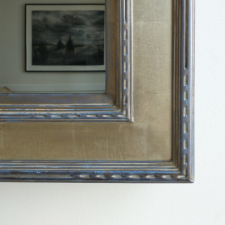 Gilded Carved - GC37 - White Gold/Blue Clay White gold carved mirror television frame with mirror TV turned off corner sample.