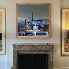 48" Square - Gilded Carved Mirror TV in square shape with gold frame over a dark marble fireplace mantel