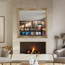 55" Square - Gilded Carved Dutch style in moon gold Hidden Mirror Television + gold carved frame with corner details in living room over fireplace