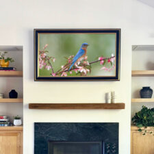 55" Landscape - Gilded Shaped black and gold framed Television Mirror over living room mantel fireplace